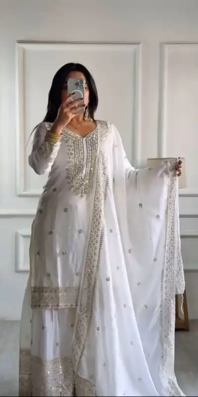 NSR-800 White Color Chinnon Silk With Embroidery Work Sharara Suit Wedding, Party, Festive, Events Etc. Expected Delivery 4-6 Working Days @2149/- | Jump Suits, Salwar suit, Casual Suits, Creative suits, Designer Suits, Palazzo Suits, Party Wear Suits, Patiala Suits, Straight Suits
