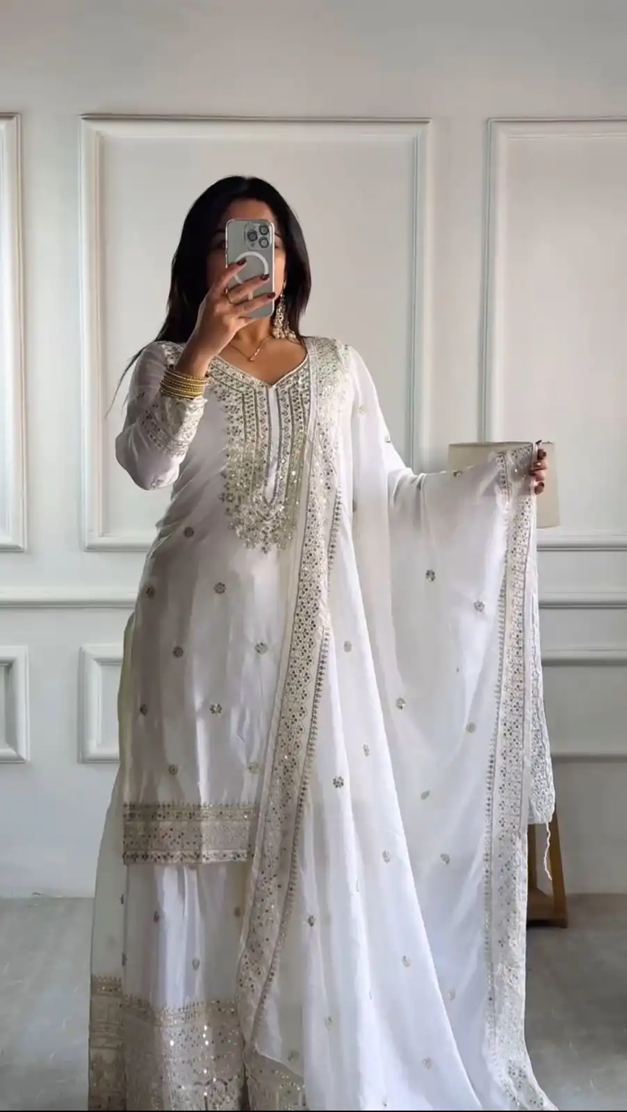 NSR-800 White Color Chinnon Silk With Embroidery Work Sharara Suit Wedding, Party, Festive, Events Etc. Expected Delivery 4-6 Working Days @2149/- | Jump Suits, Salwar suit, Casual Suits, Creative suits, Designer Suits, Palazzo Suits, Party Wear Suits, Patiala Suits, Straight Suits
