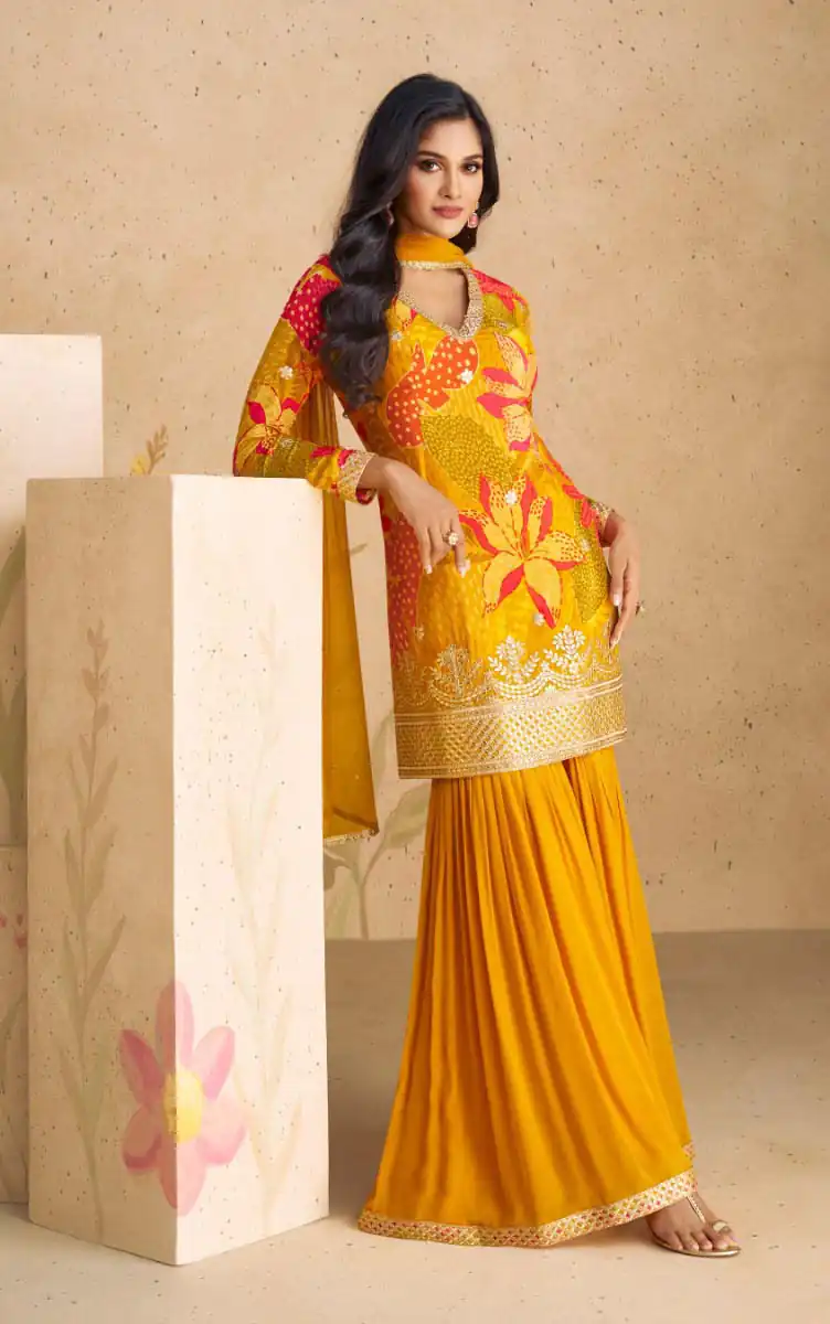 FC 5540 Yellow Color chinon Print Silk with Dall US Crepe Sharara Suit Wedding, Party, Festive, Events Etc.  Expected Delivery 4-6 Working Days @2099/- | Jump Suits, Salwar suit, Casual Suits, Creative suits, Designer Suits, Palazzo Suits, Party Wear Suits, Patiala Suits, Straight Suits