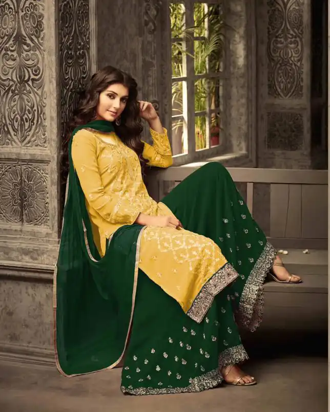 FC 47001 Yellow Color Georgette With Embroidery work With Stone Suit Casual, Wedding, Party, Festive, Events Etc.4-6 Working Days@ 1849/-only | Jump Suits, Salwar suit, Casual Suits, Creative suits, Designer Suits, Palazzo Suits, Party Wear Suits, Patiala Suits, Straight Suits