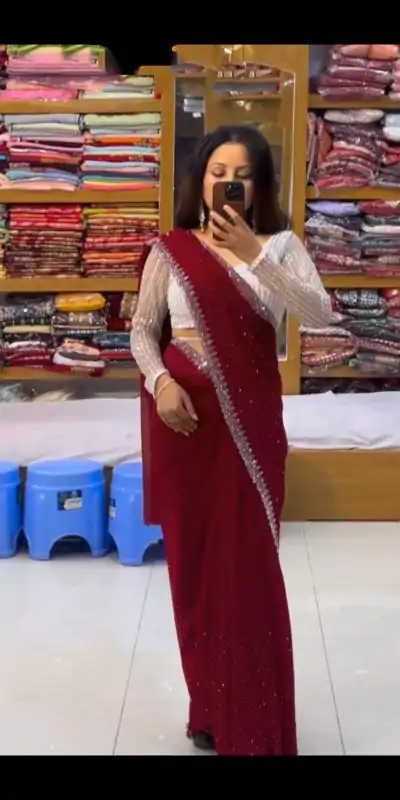 Amazing Marron Georgette Hot Fix Stone Work Saree