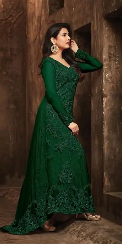 Green Football Net Embroidery Sequence Stone Coding Moti Work Salwar Suit