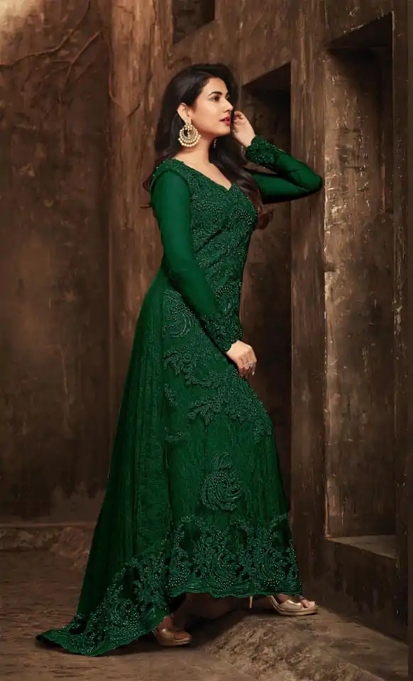 Green Football Net Embroidery Sequence Stone Coding Moti Work Salwar Suit Green Football Net Embroidery Sequence Stone Coding Moti Work Salwar Suit