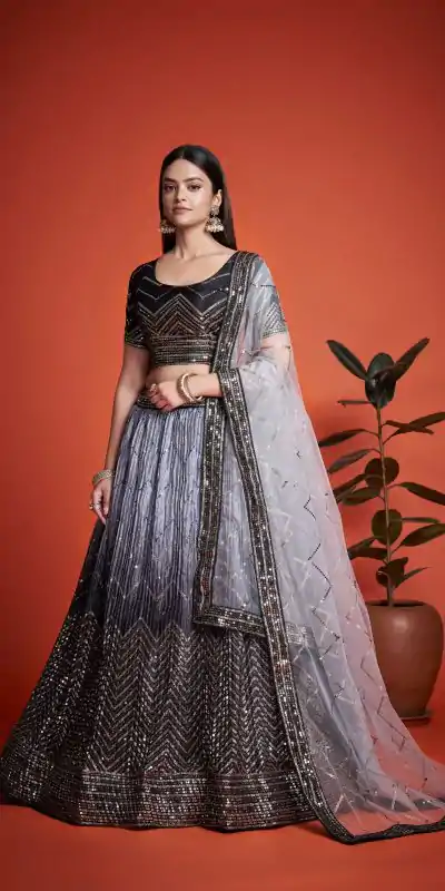 Black Chinon Embroidery and Sequins Lehenga Choli