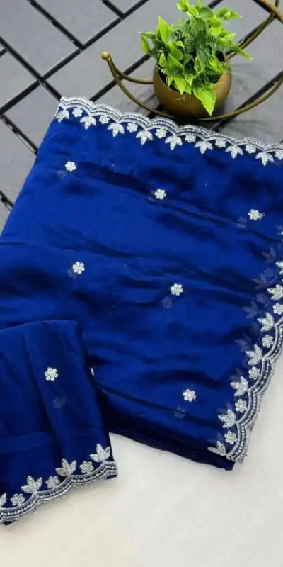 Blue Rangoli Chiffon Embroidery Cut Work Saree