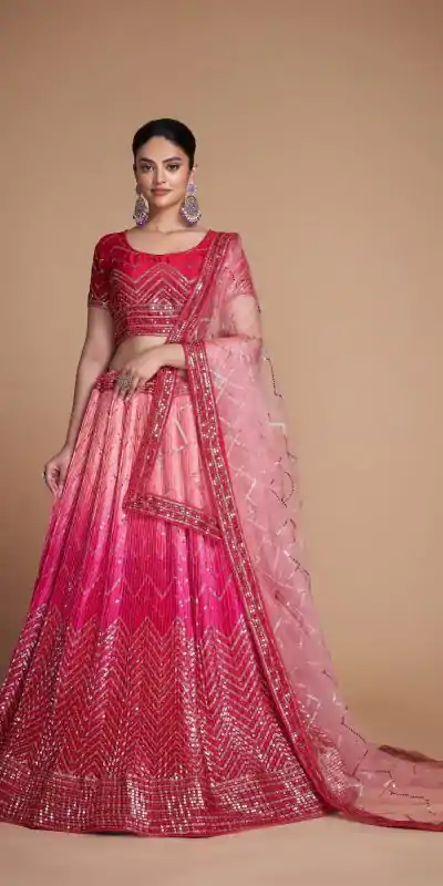 Red Chinon Embroidery and Sequins Lehenga Choli