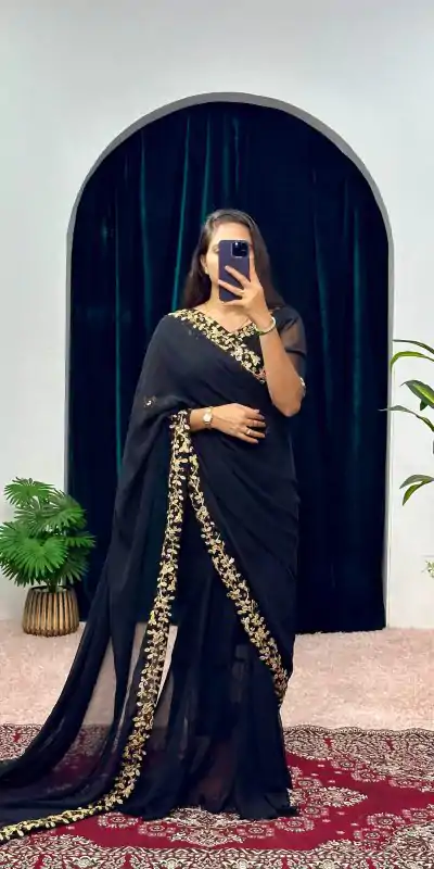 Exotic Black Color Faux Georgette Embroidery Work Border Stitched Saree-Gown