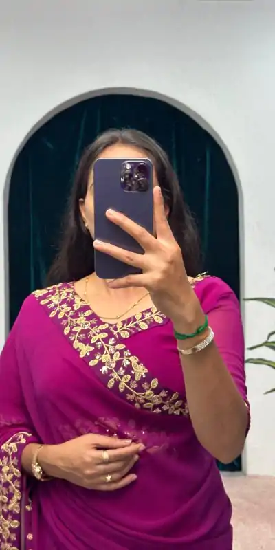 Exotic Purple Color Faux Georgette Embroidery Work Border Stitched Saree-Gown