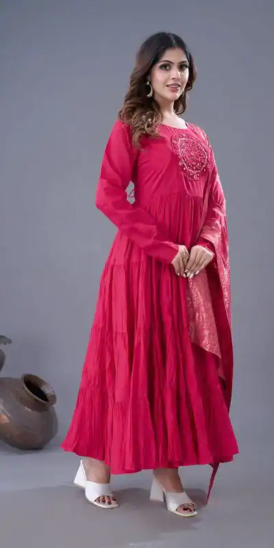 Pink Roman Silk Embroidery Sequence Work Anarkali Gown