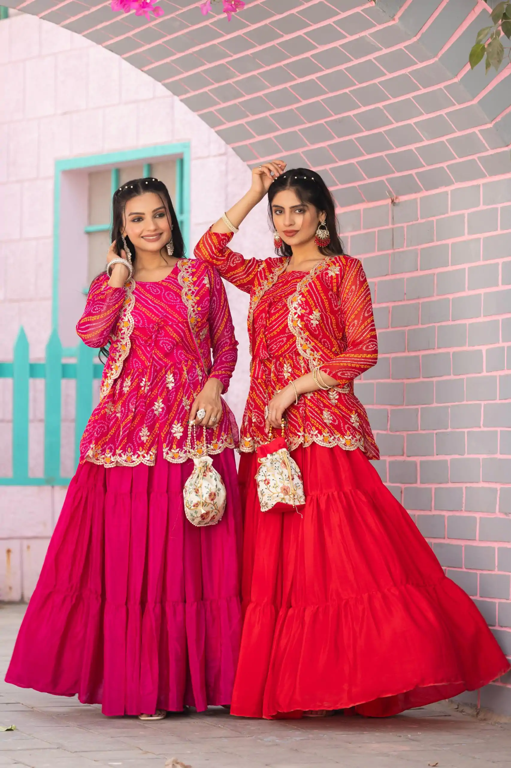 Pink Bandhej Embroidery Thread Work Lehenga Crop Top & Jacket - Image 3