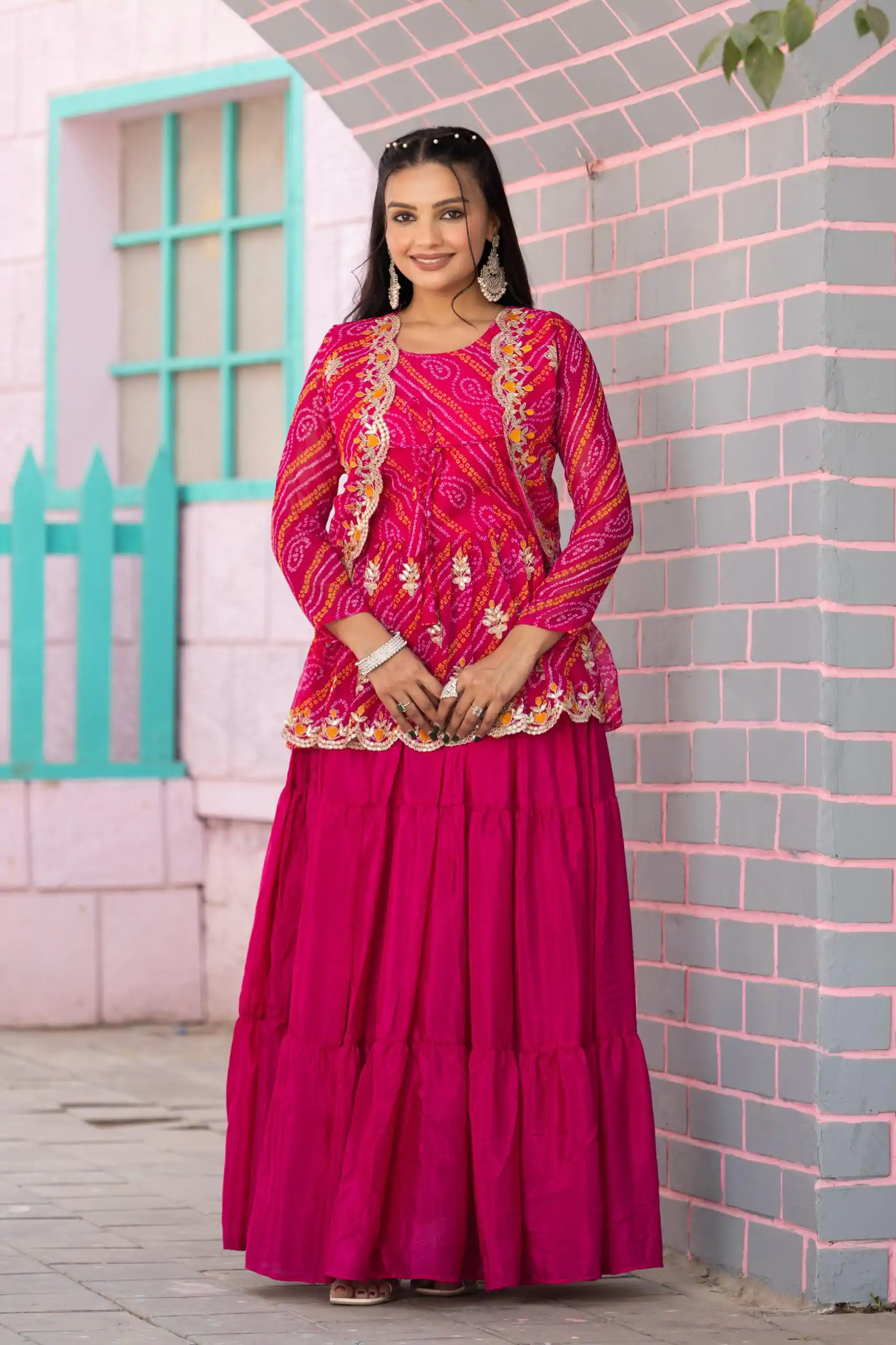 Nice Pink Color Bandhej Embroidery Thared Work Lehenga Crop Top & Jacket