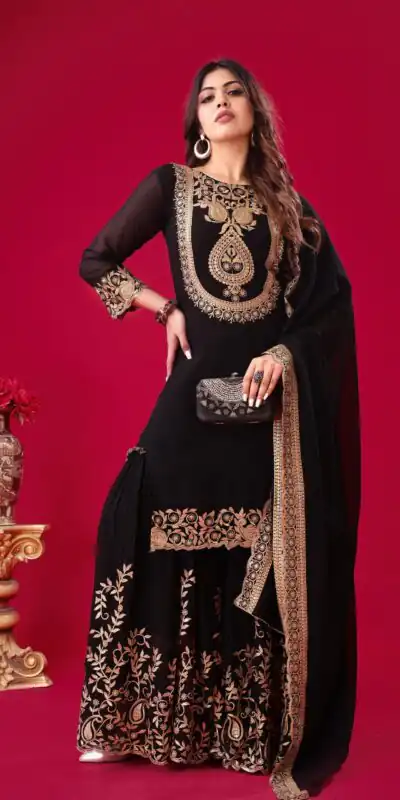 SRK-5242 Black Faux Georgette Embroidery Sequence Work Salwar Suit Casual, Wedding, Party, Festive, Events Etc.4-6 Working Days@ 2099/-only | Jump Suits, Salwar suit, Casual Suits, Creative suits, Designer Suits, Palazzo Suits, Party Wear Suits, Patiala Suits, Straight Suits
