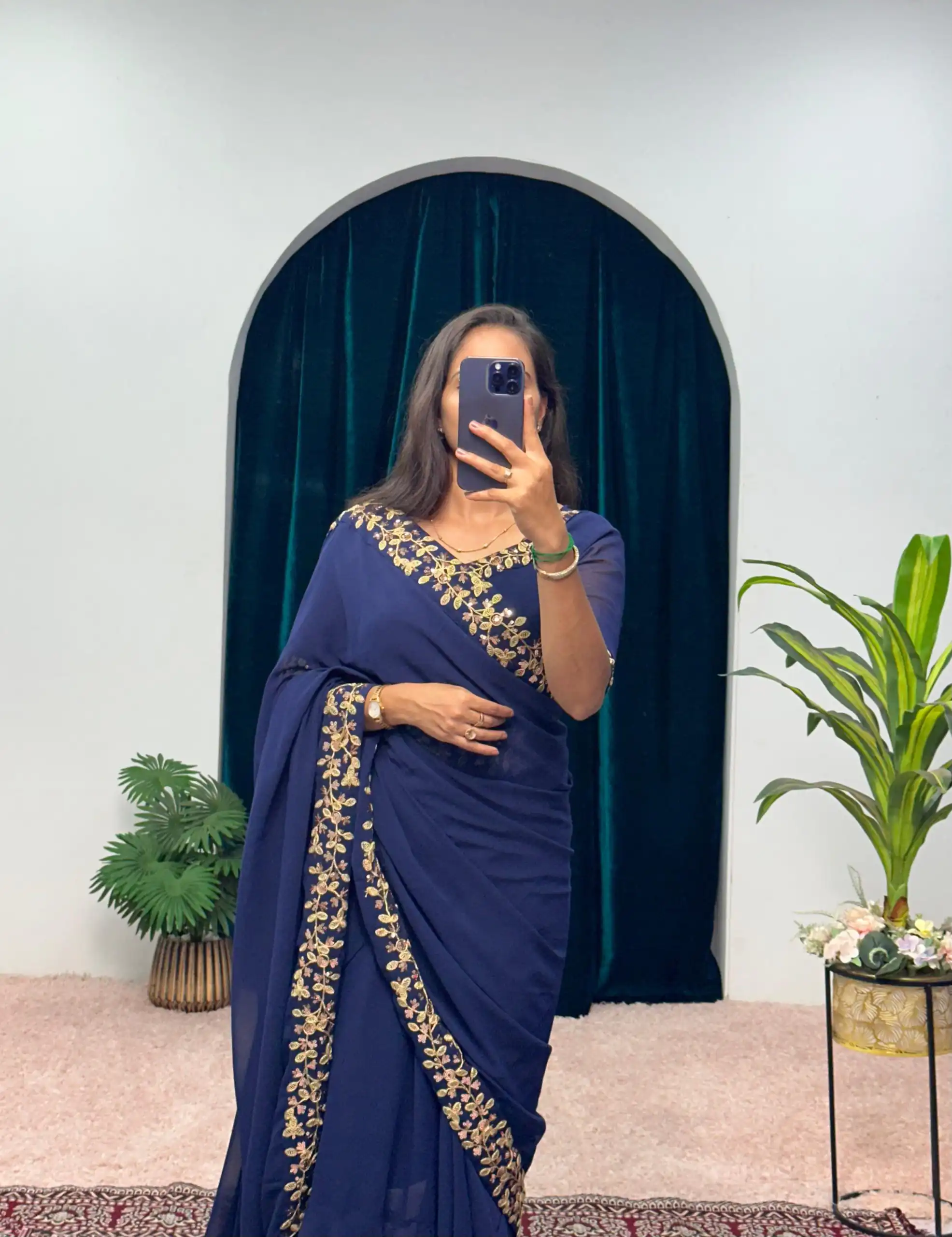 ST 1055 Navy Blue Color Faux Georgette Embroidery Work Border Stitched Saree-Gown Wedding Party, Festive, Events Etc.4-6 Working Days@1799/- only | Gowns, Bollywood Gowns, Creative Gowns, Designer Gowns, Embroidered Gowns, Party Wear Gowns, Straight Suits