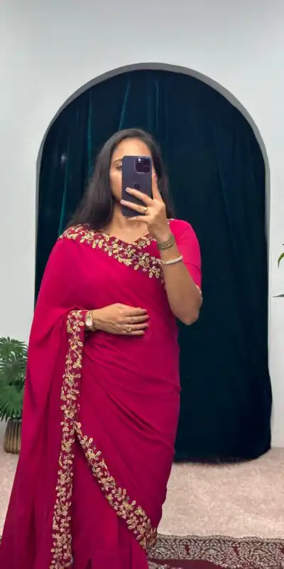  ST 1055 Pink Color Faux Georgette Embroidery Work Border Stitched Saree-Gown Wedding Party, Festive, Events Etc.4-6 Working Days@1799/- only | Gowns, Bollywood Gowns, Creative Gowns, Designer Gowns, Embroidered Gowns, Party Wear Gowns, Straight Suits