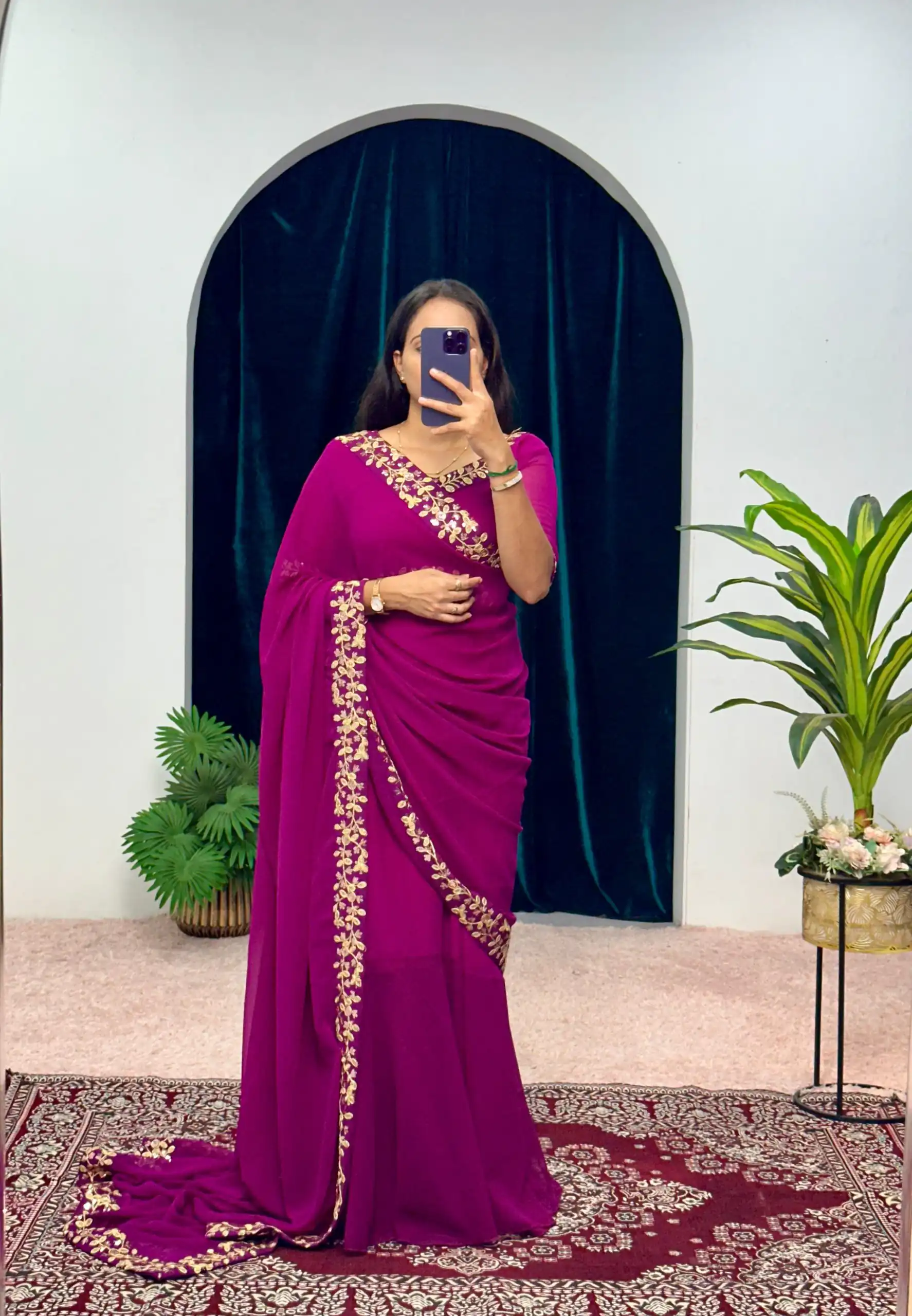  ST 1055 Purple Color Faux Georgette Embroidery Work Border Stitched Saree-Gown Wedding Party, Festive, Events Etc.4-6 Working Days@1799/- only | Gowns, Bollywood Gowns, Creative Gowns, Designer Gowns, Embroidered Gowns, Party Wear Gowns, Straight Suits