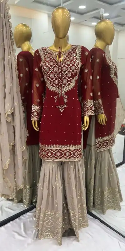 ZSR 3110 Red Faux Georgette With 5mm Embroidery Sequence Thread Work Salwar Suit , Wedding, Party, Festive, Events Etc.4-6 Working Days@ 2099/-only | Jump Suits, Salwar suit, Casual Suits, Creative suits, Designer Suits, Palazzo Suits, Party Wear Suits, Patiala Suits, Straight Suits