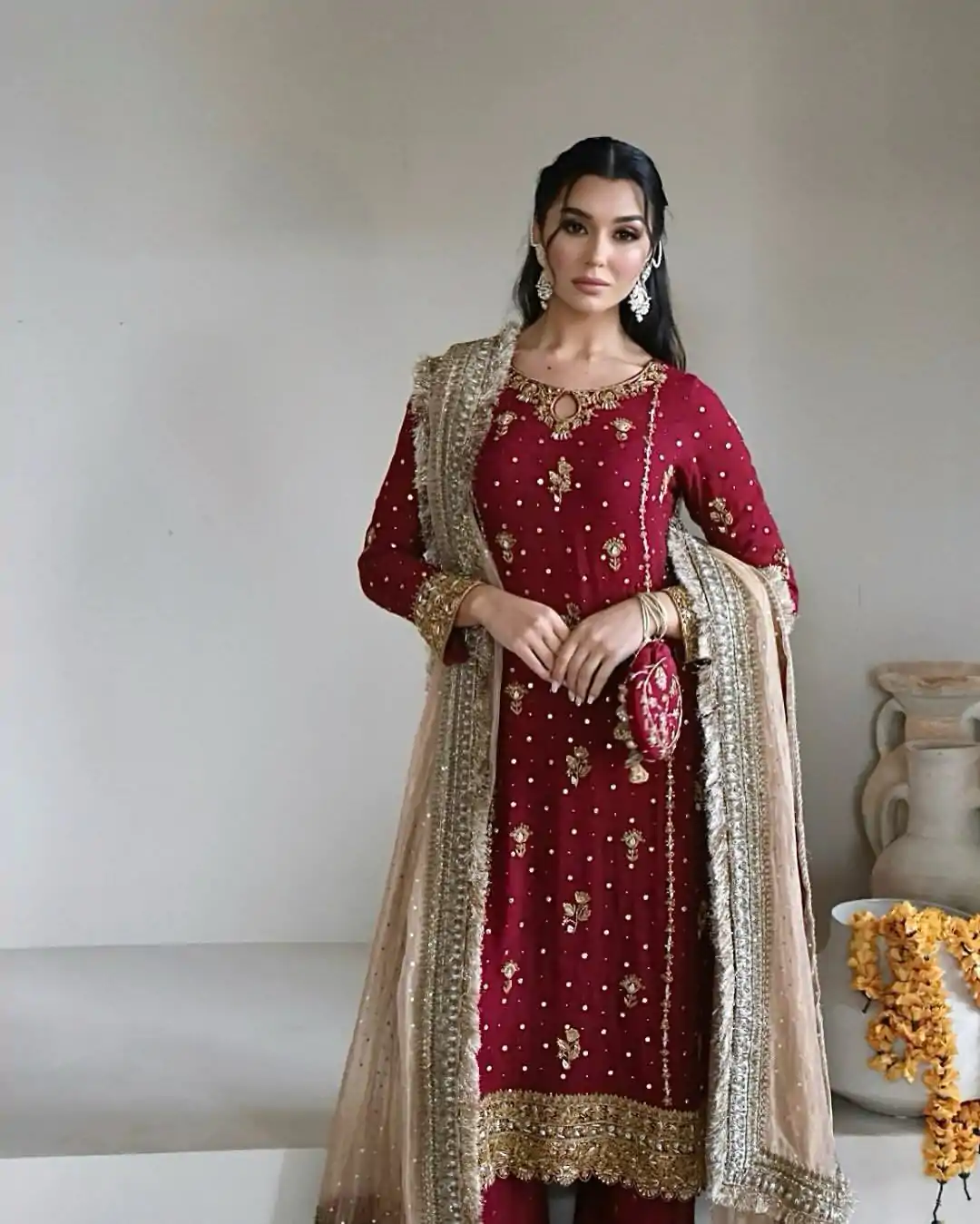 LG 1923 Red Color Faux Georgette With Sequence Handmade Moti Work Salwar Suit Casual, Wedding, Party, Festive, Events Etc.4-6 Working Days@ 2149/-only | Jump Suits, Salwar suit, Casual Suits, Creative suits, Designer Suits, Palazzo Suits, Party Wear Suits, Patiala Suits, Straight Suits