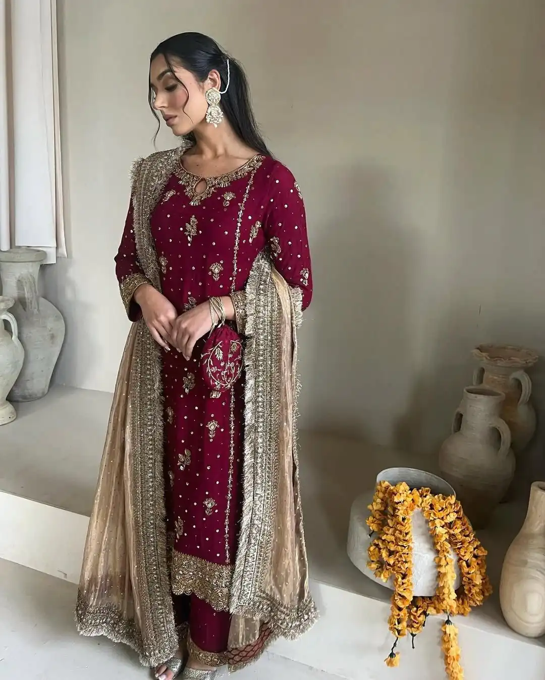 LG 1923 Red Color Faux Georgette With Sequence Handmade Moti Work Salwar Suit Casual, Wedding, Party, Festive, Events Etc.4-6 Working Days@ 2149/-only | Jump Suits, Salwar suit, Casual Suits, Creative suits, Designer Suits, Palazzo Suits, Party Wear Suits, Patiala Suits, Straight Suits
