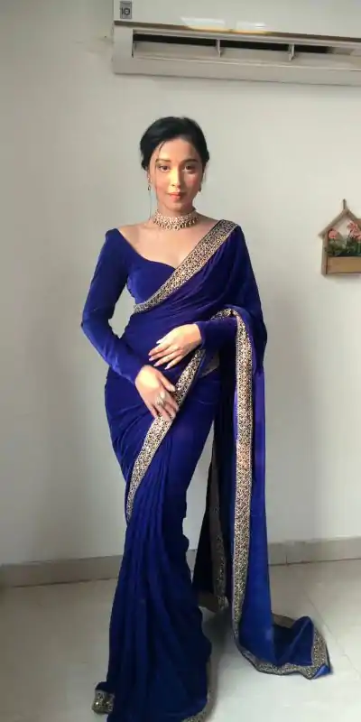 Beautiful Royal Blue Color Pure 9000 Velvet With Embroidery Lace Border Saree