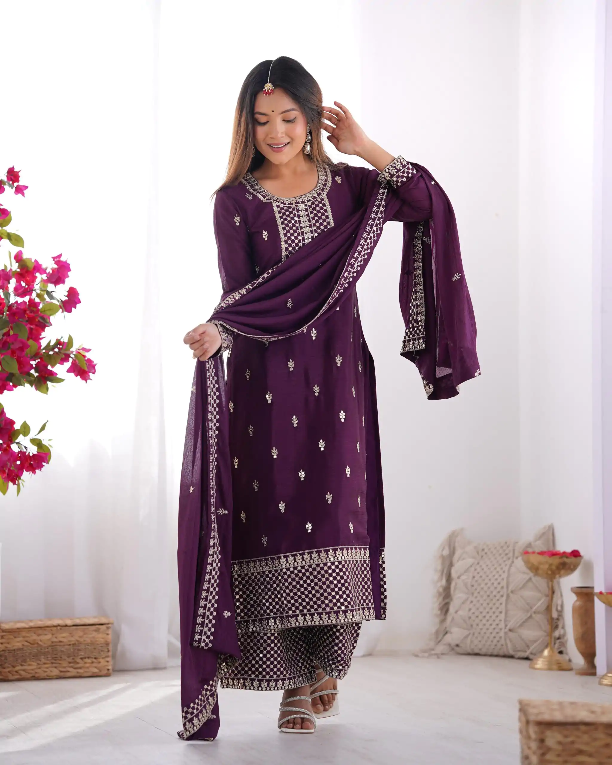 Wine Chinon Silk Embroidery Jari Work Salwar Suit - Image 3