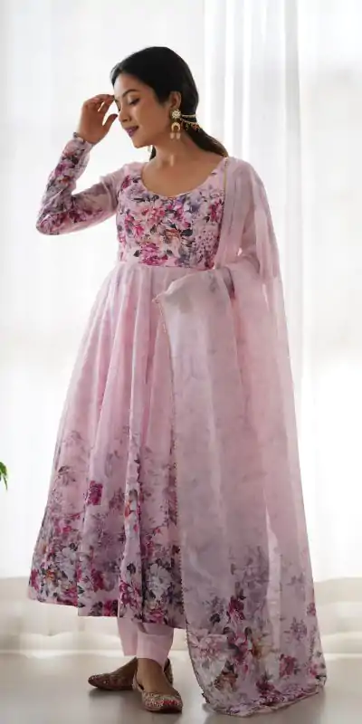 KB 261 Pink Color Soft Organza Silk Print With Kali Gown Casual, Wedding, Party, Festive, Events Etc.4-6 Working Days@ 1999/-only | Gowns, Bollywood Gowns, Creative Gowns, Designer Gowns, Embroidered Gowns, Party Wear Gowns