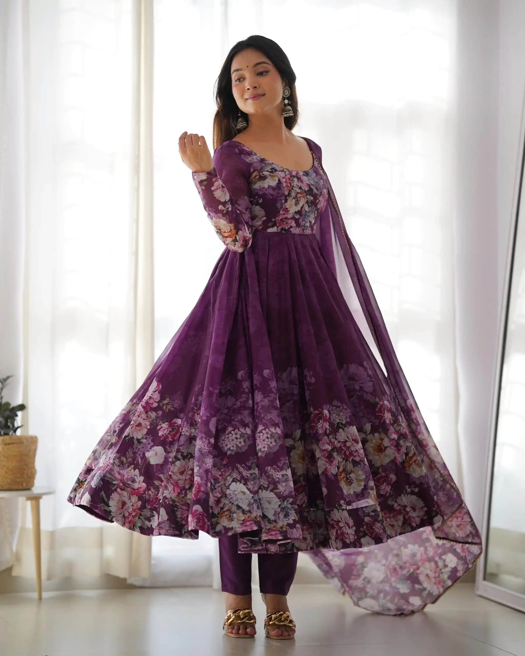 KB 261 Wine Color Soft Organza Silk Print With Kali Gown Casual, Wedding, Party, Festive, Events Etc.4-6 Working Days@ 1999/-only | Gowns, Bollywood Gowns, Creative Gowns, Designer Gowns, Embroidered Gowns, Party Wear Gowns