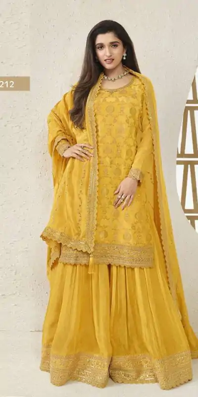 Superb Yellow Color Jacquard Silk Chinon Multi Work Salwar Suit