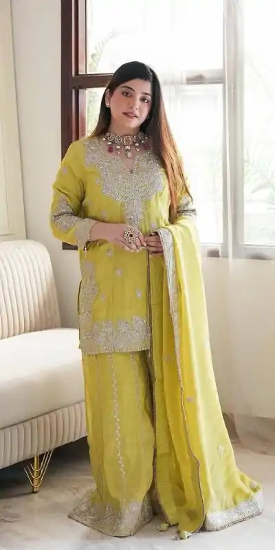 Wonderful Lemon Yellow Color Chinon Sequence Rivet Moti Salwar Suit