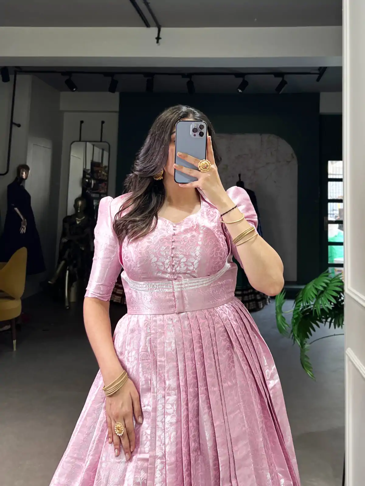 Pink Zari Weaving Work Gown - Image 4