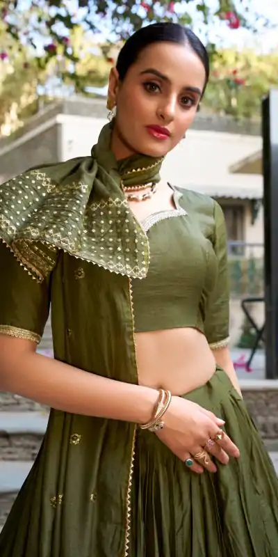 Mehndi Chanderi Plain With Zari Weaving Work Border Lehenga Choli