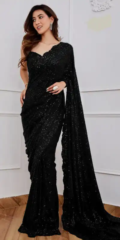DF 3312 Black Color Faux Georgette 5mm Sequence Embroidery Work Saree Casual, Wedding, Festive, Events . Expected Delivery  4-6 Working Days @1899/- only                                                 | Sarees, Bollywood Sarees, Creative Sarees, Designer Sarees, Embroidered Sarees, Ethnic Saree, Modern Digital sarees, Party Wear Sarees