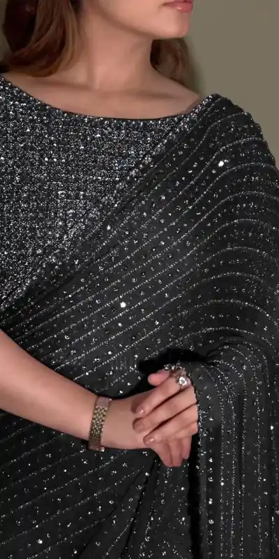 YNF 3452 Black Color Georgette Sequins Multy Embroidery Work Saree Casual, Wedding, Festive, Events . Expected Delivery  4-6 Working Days @1799/- only                                                                                | Sarees, Bollywood Sarees, Creative Sarees, Designer Sarees, Embroidered Sarees, Ethnic Saree, Modern Digital sarees, Party Wear Sarees