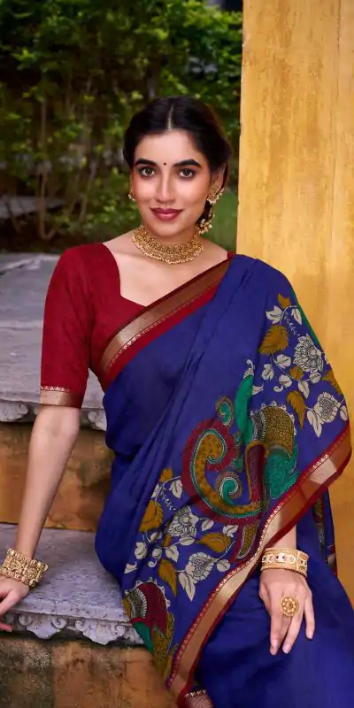 YNF 7048 Blue Color Polyester Chanderi Kalamkari Weaving Work Saree Casual, Wedding, Festive, Events . Expected Delivery  4-6 Working Days @1499/- only                                | Sarees, Bollywood Sarees, Creative Sarees, Designer Sarees, Embroidered Sarees, Ethnic Saree, Modern Digital sarees, Party Wear Sarees