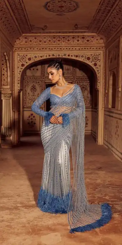 DF 3446 Firozi Color Mono Net 5mm Multy & Sequins Embroidery Work Saree Casual, Wedding, Festive, Events . Expected Delivery 4-6 Working Days @1759/- only | Sarees, Bollywood Sarees, Creative Sarees, Designer Sarees, Embroidered Sarees, Ethnic Saree, Modern Digital sarees, Party Wear Sarees