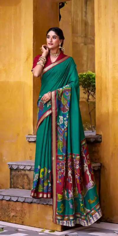YNF 7048 Firozi Color Polyester Chanderi Kalamkari Weaving Work Saree Casual, Wedding, Festive, Events . Expected Delivery  4-6 Working Days @1499/- only                                | Sarees, Bollywood Sarees, Creative Sarees, Designer Sarees, Embroidered Sarees, Ethnic Saree, Modern Digital sarees, Party Wear Sarees