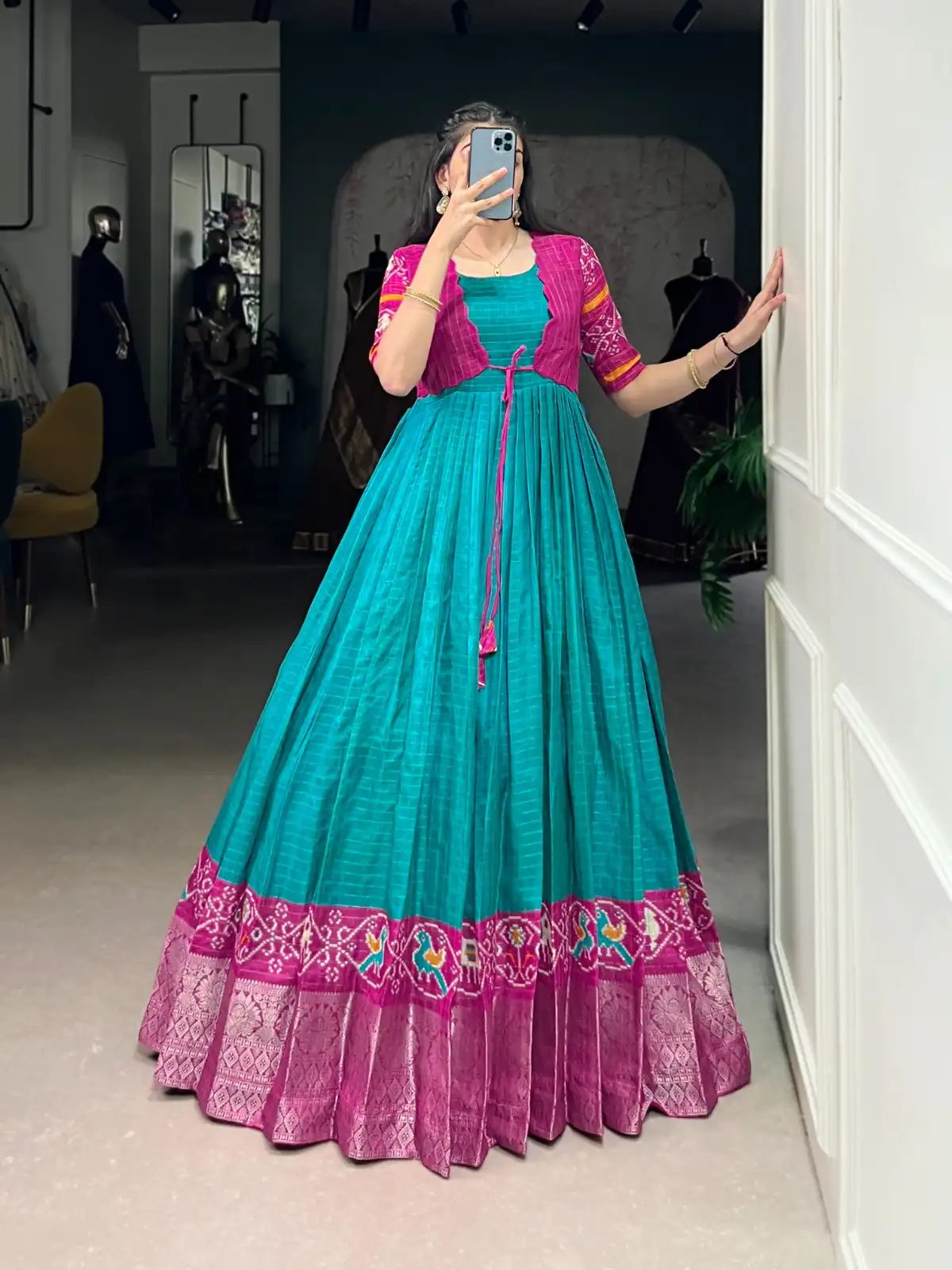 YNF 5028 Firozi Color Tasar Chex Patola With Weaving Work Border Gown Casual, Wedding, Festive, Events . Expected Delivery 4-6 Working Days @1799/- only | Gowns, Bollywood Gowns, Creative Gowns, Designer Gowns, Embroidered Gowns, Party Wear Gowns