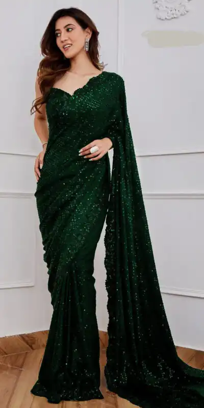 DF 3312 Green Color Faux Georgette 5mm Sequence Embroidery Work Saree Casual, Wedding, Festive, Events . Expected Delivery  4-6 Working Days @1899/- only                                                 | Sarees, Bollywood Sarees, Creative Sarees, Designer Sarees, Embroidered Sarees, Ethnic Saree, Modern Digital sarees, Party Wear Sarees