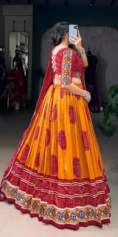 LNB 1736 Mustard Color Tasar Silk Bandhej Print And Gamthi Work Lehenga Choli Wedding, Party, Festive, Events Etc. Delivery 4-6 Working Days Rs 3499 | Lehenga, Bollywood Lehenga, Creative Lehenga, Designer Lehenga, Embroidered Lehenga, Party Wear Lehenga