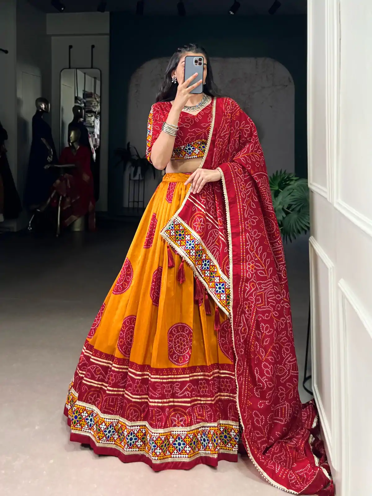 LNB 1736 Mustard Color Tasar Silk Bandhej Print And Gamthi Work Lehenga Choli Wedding, Party, Festive, Events Etc. Delivery 4-6 Working Days Rs 3499 | Lehenga, Bollywood Lehenga, Creative Lehenga, Designer Lehenga, Embroidered Lehenga, Party Wear Lehenga