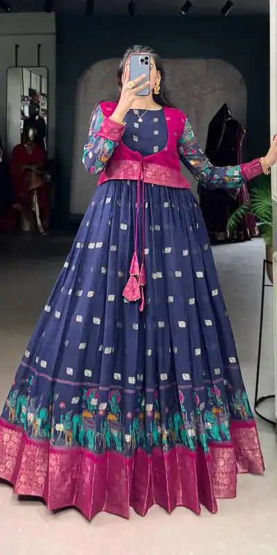 YNF 5031 Navy Blue Color Cotton Kalamkari Print Zari Weaving Work Gown Casual, Wedding, Festive, Events . Expected Delivery  4-6 Working Days @1999/- only      | Gowns, Bollywood Gowns, Creative Gowns, Designer Gowns, Embroidered Gowns, Party Wear Gowns
