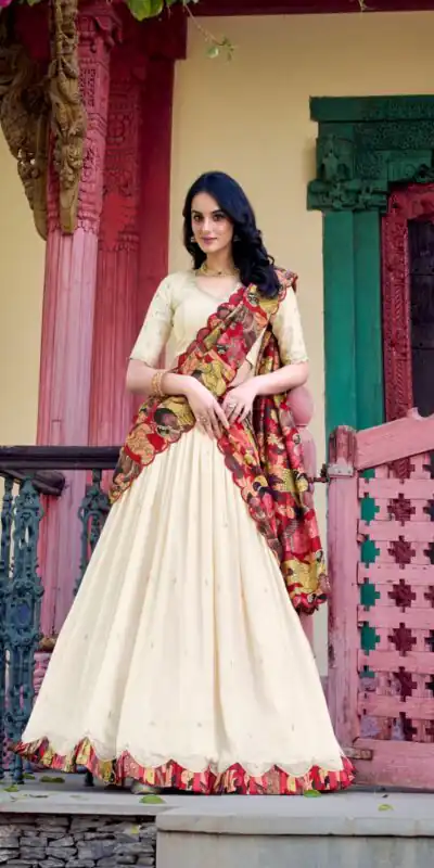 LNB 1237 Off White Color Vichitra Sequins and Embroidery Work Kalamkari Lehenga Choli Wedding, Party, Festive, Events Etc. Delivery 4-6 Working Days Rs 3299 | Lehenga, Bollywood Lehenga, Creative Lehenga, Designer Lehenga, Embroidered Lehenga, Party Wear Lehenga