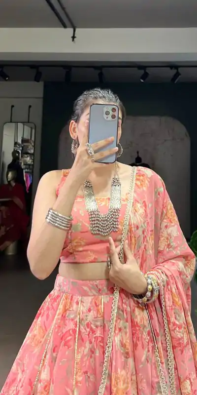 LNB 1672 Peach Color Chiffon Floral Print Foil Print Embossed Design Lehenga Choli Wedding, Party, Festive, Events Etc. Delivery 4-6 Working Days Rs 3499 | Lehenga, Bollywood Lehenga, Creative Lehenga, Designer Lehenga, Embroidered Lehenga, Party Wear Lehenga