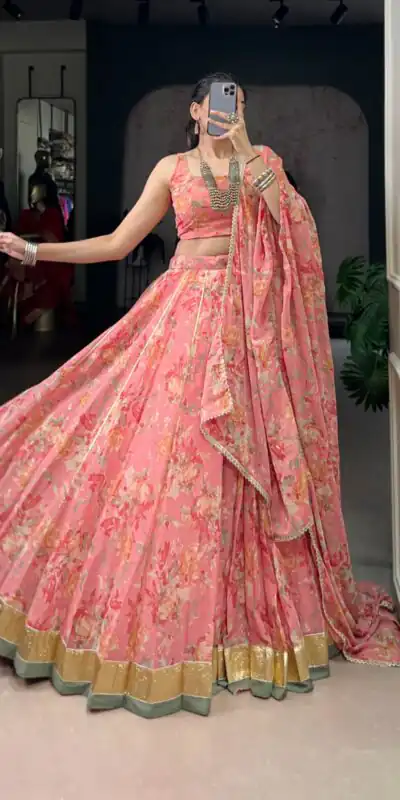 LNB 1672 Peach Color Chiffon Floral Print Foil Print Embossed Design Lehenga Choli Wedding, Party, Festive, Events Etc. Delivery 4-6 Working Days Rs 3099 | Lehenga, Bollywood Lehenga, Creative Lehenga, Designer Lehenga, Embroidered Lehenga, Party Wear Lehenga