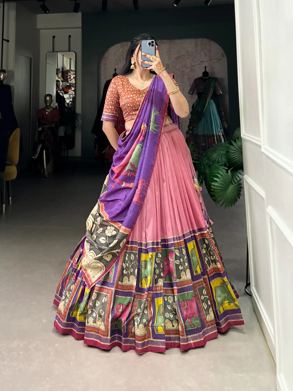 LNB 1235 Peach Color Tasar Silk Kalamkari With Foil Work Lehenga Choli Wedding, Party, Festive, Events Etc. Delivery 4-6 Working Days Rs 2499 | Lehenga, Bollywood Lehenga, Creative Lehenga, Designer Lehenga, Embroidered Lehenga, Party Wear Lehenga