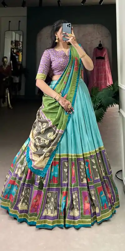 LNB 1235 Sky Blue Color Tasar Silk Kalamkari With Foil Work Lehenga Choli Wedding, Party, Festive, Events Etc. Delivery 4-6 Working Days Rs 2499 | Lehenga, Bollywood Lehenga, Creative Lehenga, Designer Lehenga, Embroidered Lehenga, Party Wear Lehenga