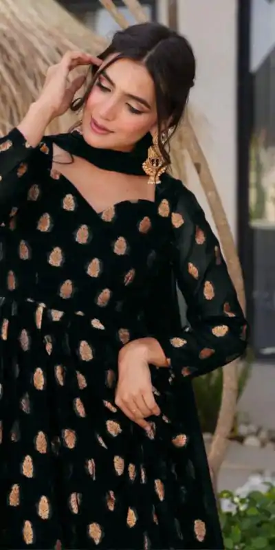 VLM 299 Black Faux Georgette With Embroidery Work Gown Perfect for Wedding, Party, Ethnic Day, Housewarming, Cultural Events At 2099/-Only | Gowns, Bollywood Gowns, Creative Gowns, Designer Gowns, Embroidered Gowns, Party Wear Gowns