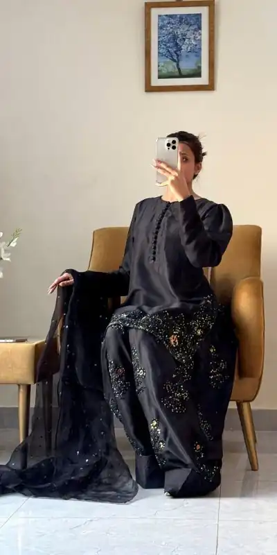 SRK 5267 Black Pure Natural Crep Silk with Embroidery Work Salwar Suit . Exclusive Offer ₹1949. Delivery 4-6 Working Days. Shop now. | Jump Suits, Salwar suit, Casual Suits, Creative suits, Designer Suits, Palazzo Suits, Party Wear Suits, Patiala Suits, Straight Suits
