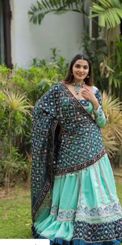 KF 1597 Firozi Silk with Cowrie Work & Embroidery Work Lehenga Choli . Grab it for ₹2599. Delivery 4-6 Working Days. Shop now. | Lehenga, Bollywood Lehenga, Creative Lehenga, Designer Lehenga, Embroidered Lehenga, Party Wear Lehenga