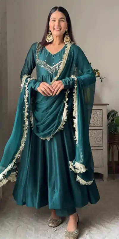 VLM 238 Firozi in Star Georgette. Lace Work Gown Wedding, Party, Festive, Events at ₹1999 only. Delivery 4-6 Working Days. Shop now. | Gowns, Bollywood Gowns, Creative Gowns, Designer Gowns, Embroidered Gowns, Party Wear Gowns