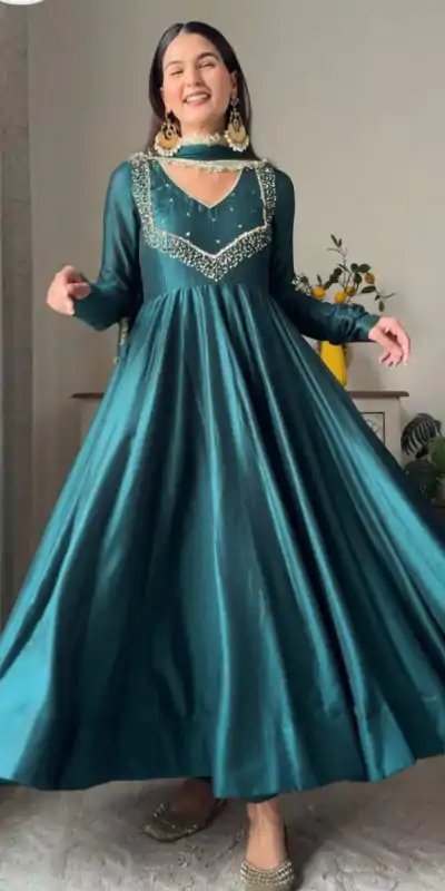 VLM 238 Firozi in Star Georgette. Lace Work Gown Wedding, Party, Festive, Events at ₹1999 only. Delivery 4-6 Working Days. Shop now. | Gowns, Bollywood Gowns, Creative Gowns, Designer Gowns, Embroidered Gowns, Party Wear Gowns